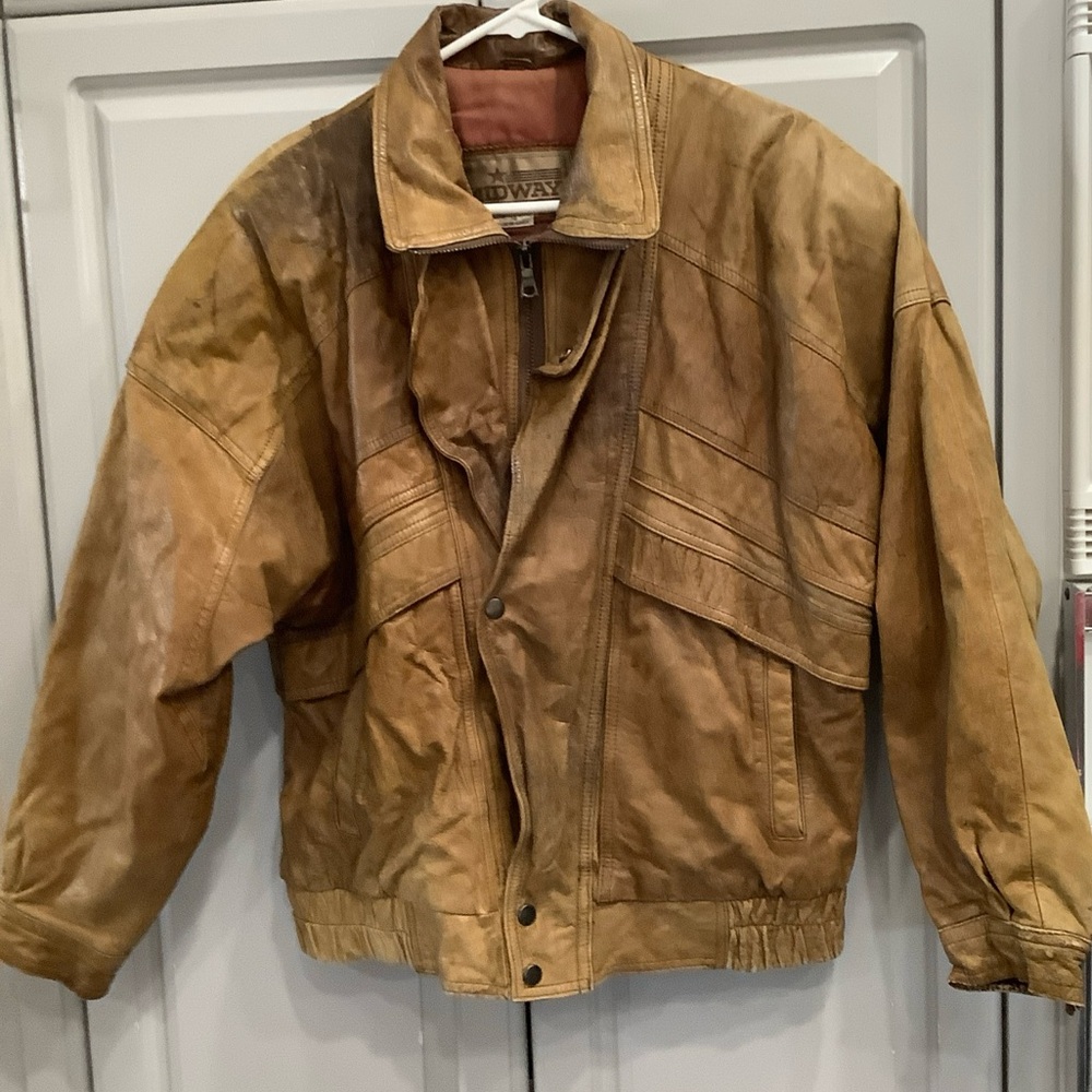 Midway Distressed Brown Leather Vtg Men’s Bomber Jacket L Signs of Wear Item 300